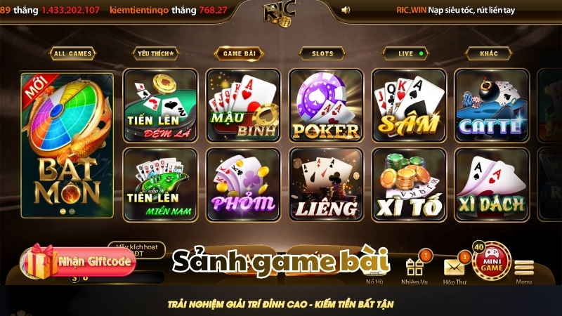 Giới thiệu về sảnh game bài đổi thưởng Ricwin