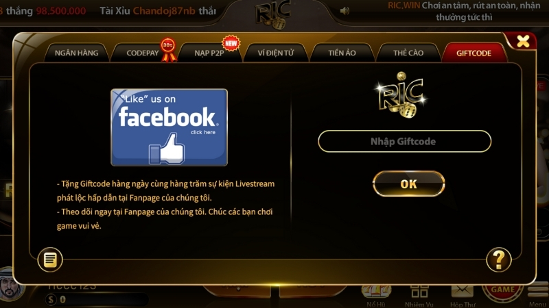 Hướng dẫn áp mã Giftcode tại Ricwin