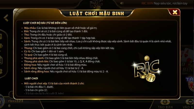 Hướng dẫn cách chơi Mậu binh Ricwin cơ bản